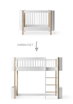 Umbauset für 'Wood Mini+' Babybett inkl. Junior-Erweiterung zum halbhohen Hochbett Weiß / Eiche
